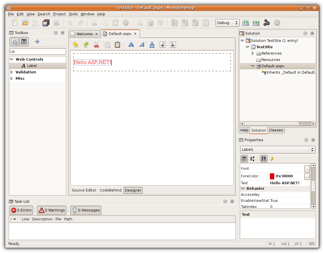 Screenshot of MonoDevelop ASP.NET addin