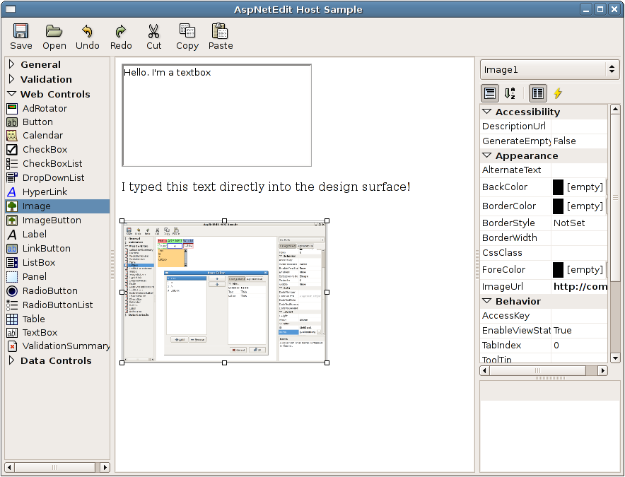 Screenshot of the AspNetEdit designer