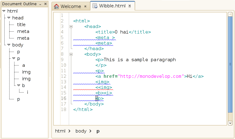 Screenshot of an HTML file in MonoDevelop showing the warning underlines on implicitly closed elements.