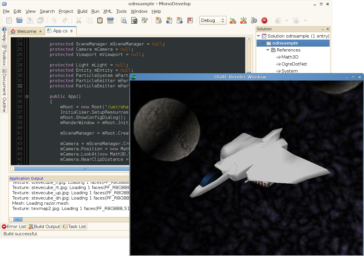 Screenshot of a
MonoDevelop running an OGRE.NET demo