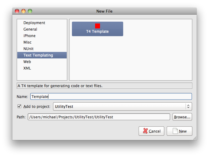 MonoDevelop New File dialog with T4 template