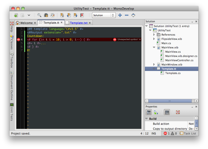 Error bubbles in T4 template in MonoDevelop