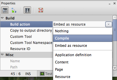 Changing the build action using the property
pad