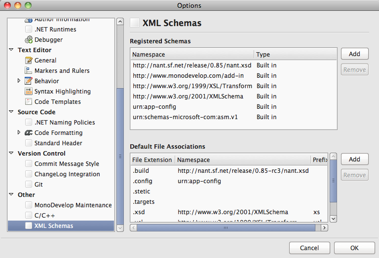 The custom XML schemas panel