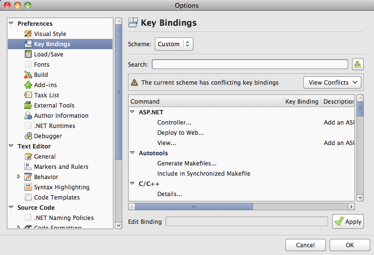 The key bindings panel in MonoDevelop